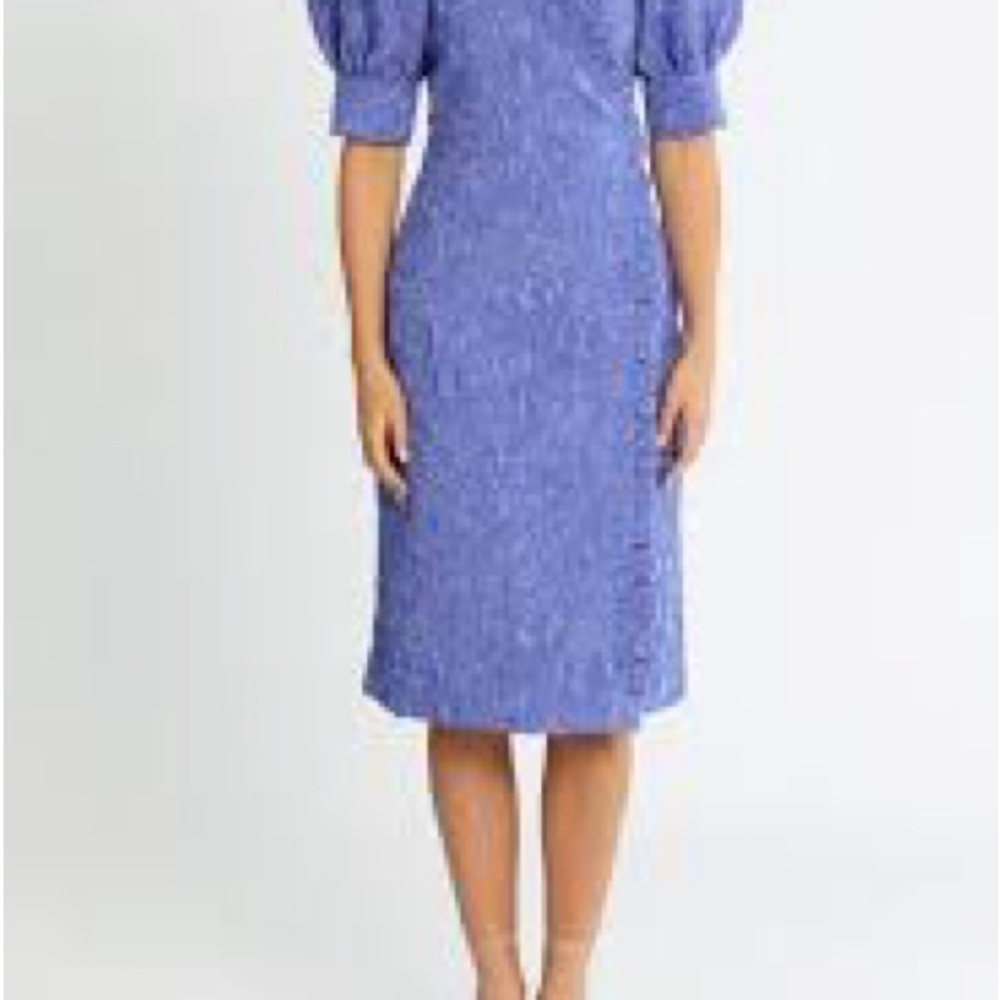 Ganni Blue Midi Dress with Puff Sleeves